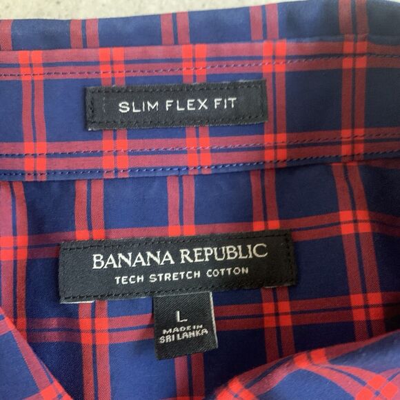 Banana Republic Red/Blue Plaid Gingham Button Up Shirt. Non-Iron Size Large - Picture 2 of 4